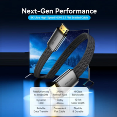 Cáp HDMI 8K dẹp vải dù siêu bền Vention Flat Nylon Braided HDMI-A Male to Male 8K HD Cable 2M - ALK (8K@60hz/ 4K@120Hz/144Hz, 48Gbps Bandwidth, HDR)