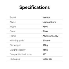 Giá Đỡ Tản Nhiệt Kim Loại Laptop VENTION KDM (Aluminum Alloy Type, 15kg, 6-Adjustable Viewing Angles)