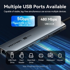 HUB Kết Nối Đa Năng 8-in-1 VENTION TGU (Type-C to HDMI 4K@60Hz, Type-C 3.2 Gen1, USB3.0, USB2.0, RJ45 GbE, SD, TF, PD100W)