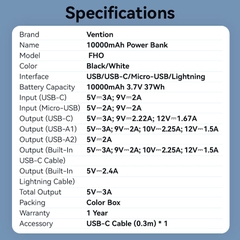 Pin Dự Phòng VENTION FHO 10000mAh 22.5W (With Type-C + Lightning Cable, Digital Display, 1*Type-C + 2*USB-A Port, Micro-USB Input Port)