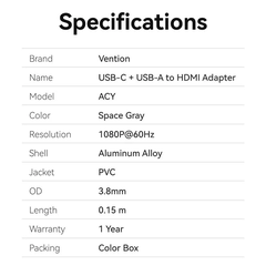 HUB Mở Rộng Đa Năng USB/Type-C to HDMI 1080p VENTION ACY (Dual input, 1080p@60Hz)
