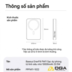Pin Dự Phòng Không Dây Baseus EnerFill FM11 Ultra-Mini 10000mAh 22.5W (Sạc Không Dây 15W, Kèm Cáp C to C 0.3m 60W)