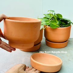 CHẬU ĐẤT NUNG ENVIE KÈM ĐĨA 16*12CM, (1 chậu),chậu trồng cây, trang trí nội thất, Cây Tươi Nguyên CTN1521