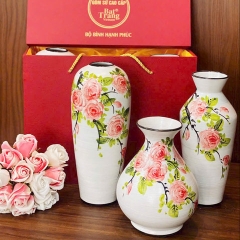 BỘ 3 BÌNH GỐM VẼ HOA BÁT TRÀNG LÀM QUÀ TẶNG,