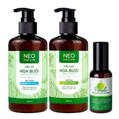 BỘ BA (GỘI + XẢ + SERUM) GIẢM RỤNG HỖ TRỢ MỌC TÓC GỒM DẦU GỘI HOA BƯỞI (250ML) & DẦU XẢ HOA BƯỞI NEO NATURE (250ML) & SERUM HOA BƯỞI 50ML- NEONATURE