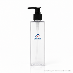 Chai nhựa PET vuông trong suốt 200ml cổ 24mm gắn vòi pump đen Pavico
