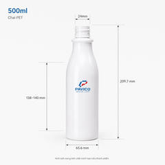 Kích thước chai đựng dầu gội 500ml PET cao 209.7mm đường kính 65.6mm cổ 24mm