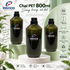 Bộ chai PET xanh rêu 800ml cổ 32mm dành cho bao bì mỹ phẩm Pavico