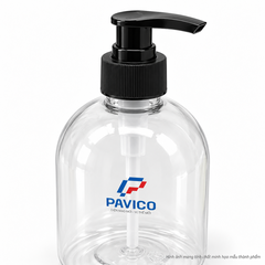 Chi tiết chai PET 520ml trong suốt với đầu bơm đen Pavico