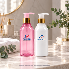 Chai nhựa tròn 300ml PET màu hồng và trắng gắn vòi nhấn Pavico