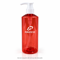 Chai mỹ phẩm PET 300ml màu đỏ vai vát cổ 24mm vòi nhấn trắng Pavico