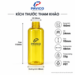 Kích thước chai PET 150ml cổ 24mm cao 115mm đường kính 48mm trọng lượng 22g Pavico