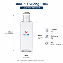 Kích thước chai PET vuông 120ml BC120 BC120TS cổ 24mm cao 123mm rộng 39mm