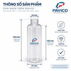 Thông số chai nhựa 200ml PET trong suốt vai tròn cổ 24mm Pavico