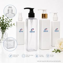 Chi tiết chai nhựa PET vuông 200ml cổ 24mm với các lựa chọn vòi pump, đầu xịt và thiết kế đáy vuông