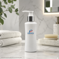Chai nhựa đựng sữa tắm PET trắng sứ 100ml vòi bơm trong không gian phòng tắm
