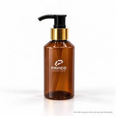 Chai PET 150ml màu nâu hổ phách AK150NA2 vòi nhấn đen viền vàng Pavico