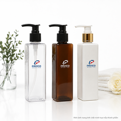 Chai nhựa PET vuông 200ml Pavico màu trong suốt, nâu và trắng sứ với nhiều kiểu vòi pump