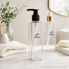 Chai nhựa PET vuông trong suốt 200ml sử dụng vòi pump trong không gian phòng tắm