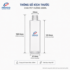 Kích thước chai nhựa PET vuông 200ml cổ 24mm cao 160.5mm, thân cao 141.6mm, rộng 41.4mm