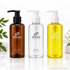 Bộ chai mỹ phẩm PET 150ml màu nâu, trong suốt và vàng cổ 24mm vòi pump Pavico