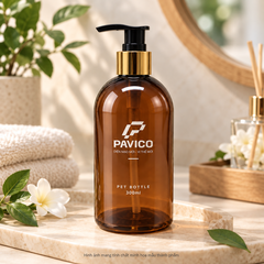 Chai sữa tắm PET 300ml màu nâu vòi nhấn trong không gian spa