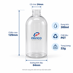 Chai PET 300ml cổ 24mm cao 129mm đường kính đáy 64mm Pavico
