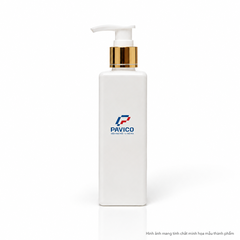 Chai nhựa PET vuông trắng sứ 200ml cổ 24mm với vòi pump trắng viền vàng Pavico