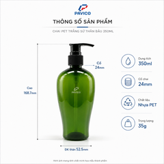Thông số chai đựng dầu gội PET 350ml cổ 24mm cao 168,7mm đường kính thân 52,5mm