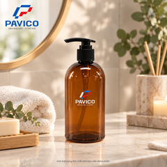 Chai dầu gội PET 500ml màu nâu hổ phách vòi nhấn đen Pavico