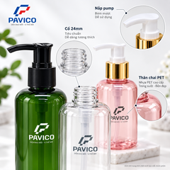 Chi tiết chai mỹ phẩm PET 150ml cổ 24mm với vòi pump và thân chai PET Pavico