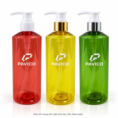Chai PET 300ml vai vát màu đỏ vàng xanh cổ 24mm vòi nhấn Pavico