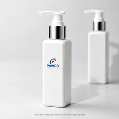 Chai nhựa đựng mỹ phẩm PET vuông 120ml trắng sứ vòi bơm cổ bạc Pavico