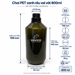 Kích thước chai PET xanh rêu 800ml cao 198mm cổ 32mm Pavico