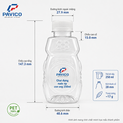 Thông số kích thước chai đựng nước ép trái cây con ong 250ml