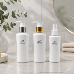 Bộ chai PET trắng sứ 100ml với vòi bơm bạc, vòi bơm vàng và đầu xịt