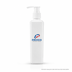 Chai nhựa sữa tắm PET trắng sứ 220ml thân vuông vòi nhấn trắng Pavico