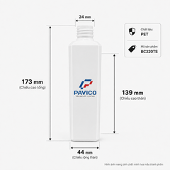 Kích thước chai nhựa đựng sữa tắm PET 220ml BC220TS cổ 24mm Pavico