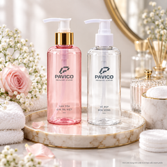 Bộ chai mỹ phẩm PET 150ml màu hồng và trong suốt cổ 24mm vòi pump Pavico