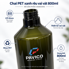 Chi tiết cổ 32mm và thiết kế vai vát chai PET xanh rêu 800ml Pavico