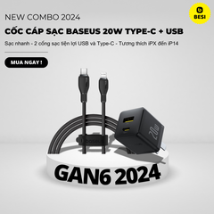 Combo Cốc Cáp Sạc Baseus 20W Type-C + USB  (Cốc chân dẹp - Cáp nhựa dẻo - 1m)