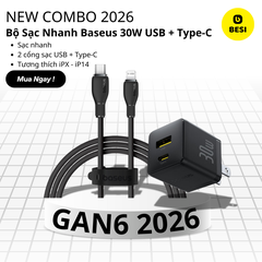 Combo Cốc Cáp Sạc Baseus 30W - Sạc Nhanh - Không Nóng Máy (Cốc Type-C + USB, Cáp Type-C to Ln 1m)