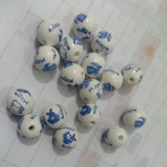 5viên hạt gốm trắng hoa xanh 12mm