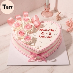 Bánh kem 8/3 T517 trái tim hồng pastel hoa ruy băng