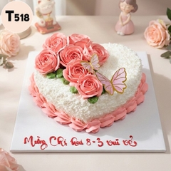 Bánh kem 8/3 T518 trái tim tuyết trắng và hoa hồng rực rỡ