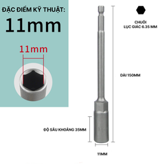 Đầu Chụp Lục Giác Dài 150mm Thép Crom Vanadi Siêu Bền Chuôi 6.35mm