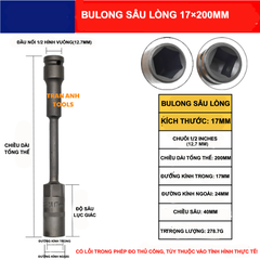 Khẩu vặn ốc lục giác dài 200mm chuôi 1/2 cỡ 8-19mm, thép CR-V dùng cho máy vặn ốc chuyên dụng, chịu lực cao