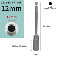 Đầu Chụp Lục Giác Dài 150mm Thép Crom Vanadi Siêu Bền Chuôi 6.35mm