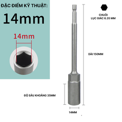 Đầu Chụp Lục Giác Dài 150mm Thép Crom Vanadi Siêu Bền Chuôi 6.35mm