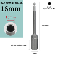 Đầu Chụp Lục Giác Dài 150mm Thép Crom Vanadi Siêu Bền Chuôi 6.35mm